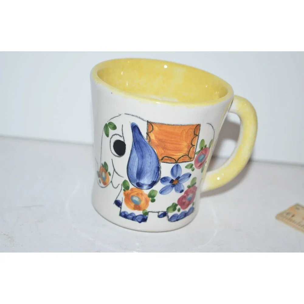 Vtg Elephant Mug Coffee Cup Floral Italy Hand Painted Unique‎ design